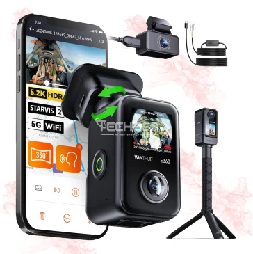 Vantrue E360 ACE 5.2K Dashcam Panoramique 360°, Caméra portable, avant, arrière et intérieure, Prise en charge LTE, Contrôle vocal-écran tactile